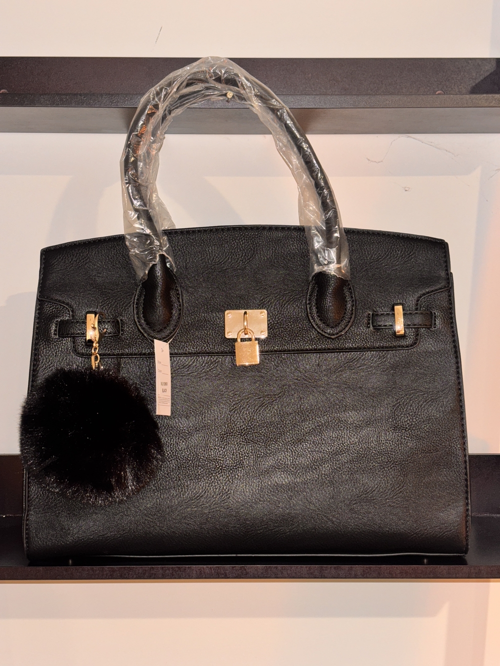 Brand New - Large Black Tote w Matching Wallet, Gold-toned Hardware & Black Pom